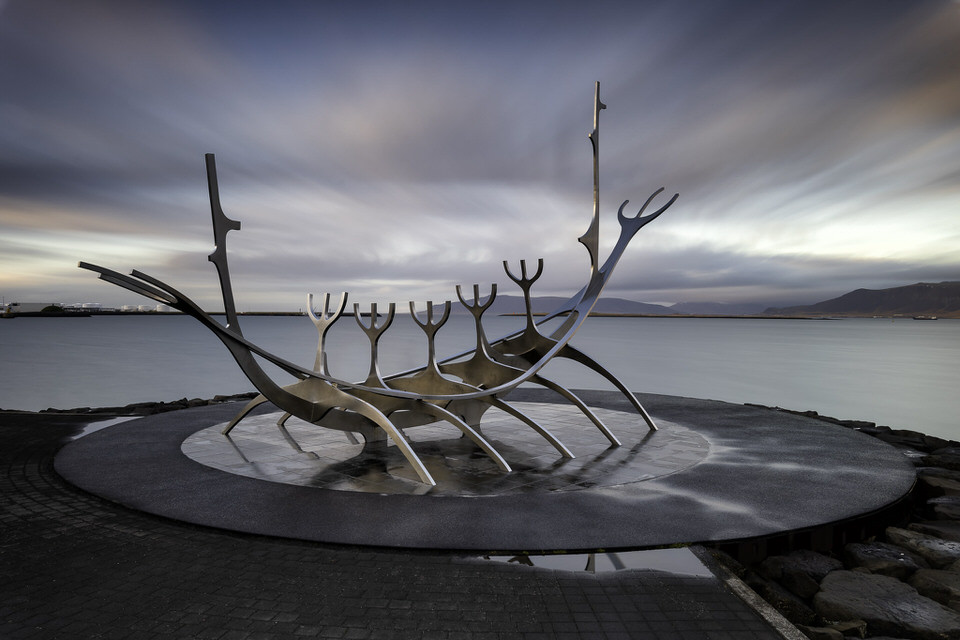 Sun Voyager Sculpture in Reykjavik, Iceland during twilight