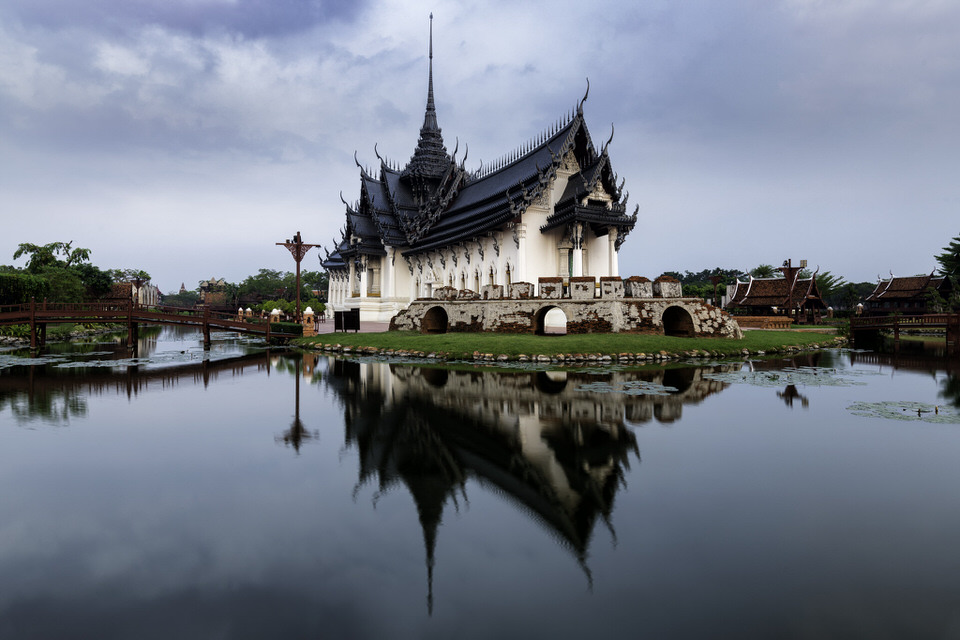Sanphet Prasat Palace with reflection in Ancient City, Bangkok