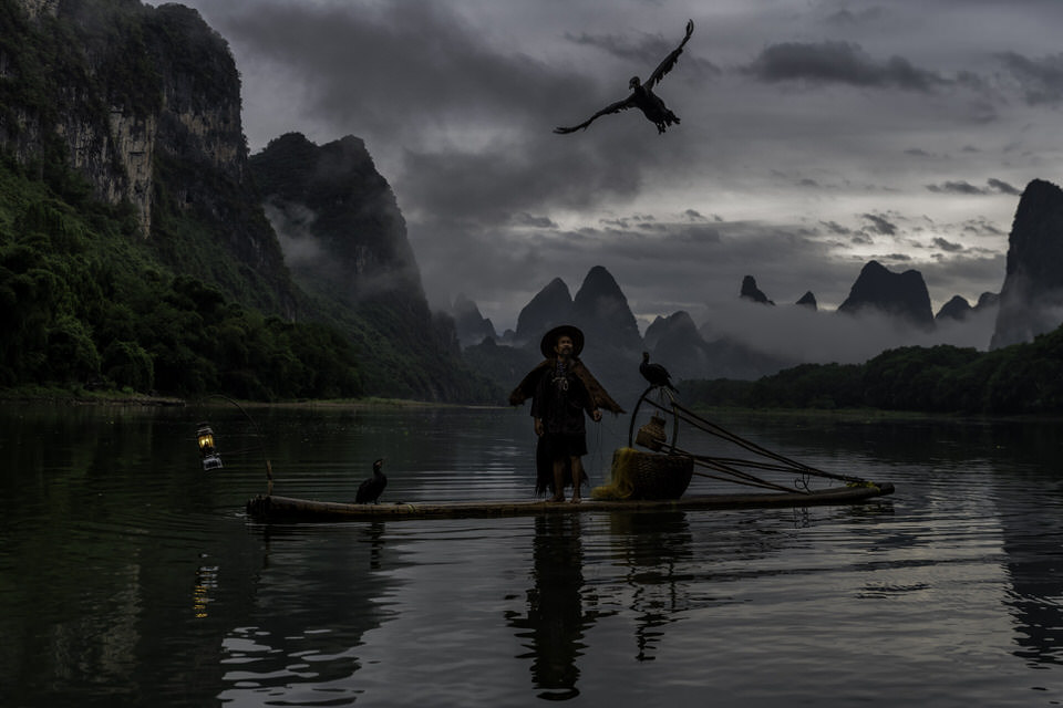 A cormorant fisherman with a bird flying at sunrise on the Li River in Guilin, China.